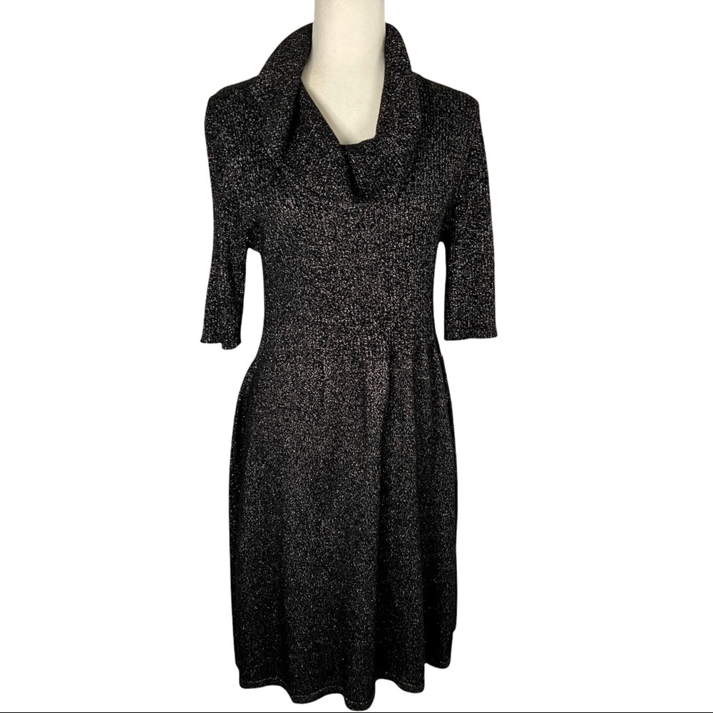 NWT Evan Picone Work The Look Black Gold Metallic Cowl Neck Sweater Dress Large